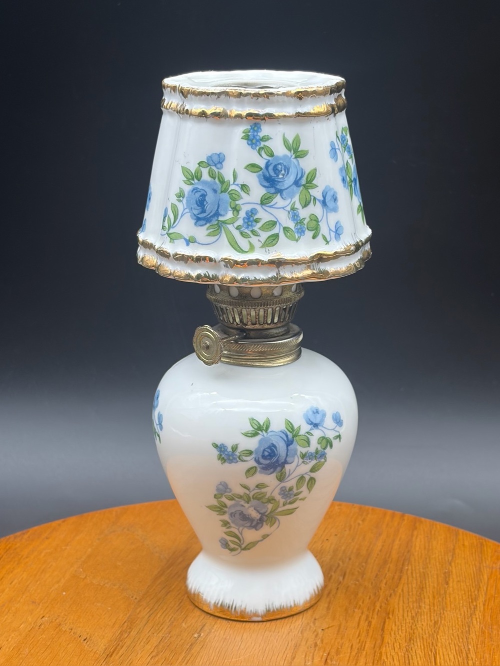 Vintage Hand Painted Miniature Porcelain Oil Lamp Blue Floral Bell Shade Japan